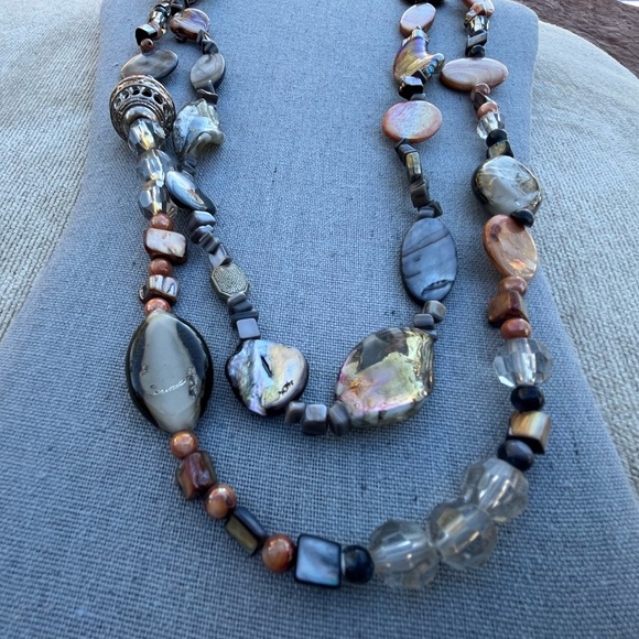 Artisan Multi Strand Necklace Neutral Colors Silver Tone Accents Long Length - Picture 6 of 8